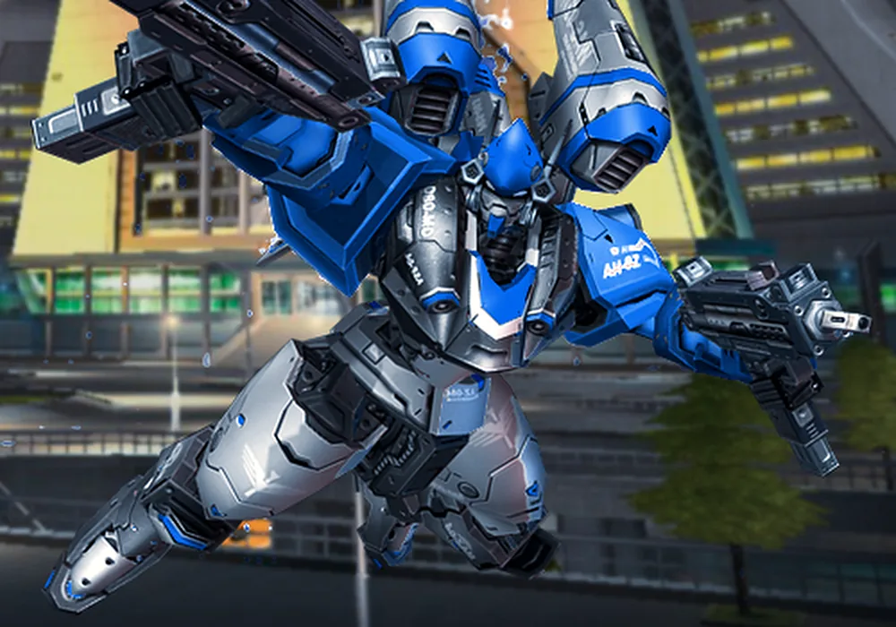 A blue steelframe diving between towers, a submachine gun in each hand