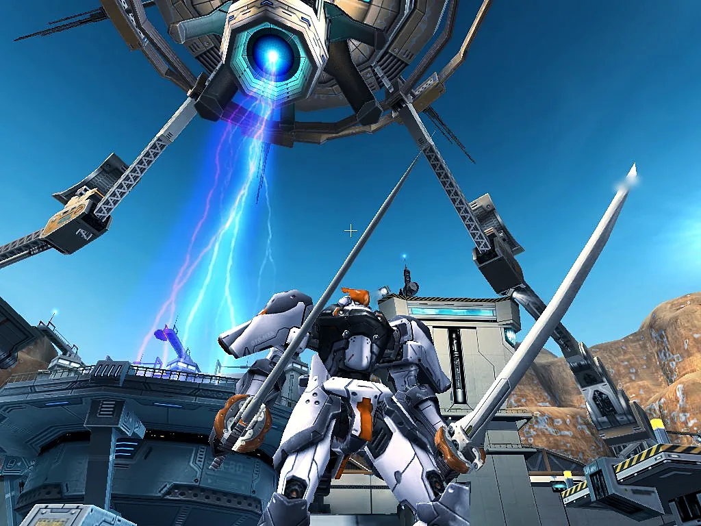A white steelframe with twin blades beneath an orbital cannon firing a lightning beam