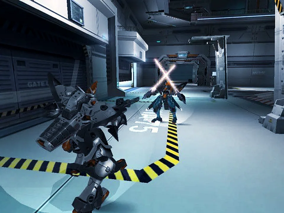 A steelframe charging an enemy with crossed sabers in a hangar corridor