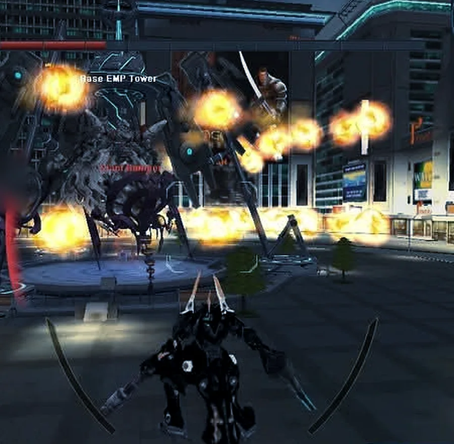 A black steelframe facing the EMP tower in a burning city square